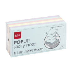 Office Depot® Brand Pop Up Sticky Notes, 3" x 3", Assorted Pastel Colors, 100 Sheets Per Pad, Pack Of 12 Pads
