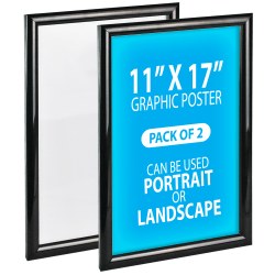 Azar Displays Wall Mount Snap Plastic Vertical/Horizontal Poster Frames, 11"H x 17"W x 3/4"D, Black, Pack Of 2 Frames