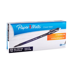 Paper Mate® Erasermate Ballpoint Pens, Medium Point, Black Barrel, Black Ink, Pack Of 12 Pens