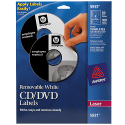 Avery® Removable Print-to-the-Edge CD/DVD Labels, 5931, Round, 4.65" Diameter, White, 50 Disc Labels And 100 Spine Labels