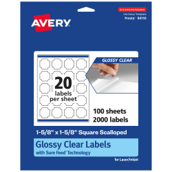 Avery® Glossy Permanent Labels With Sure Feed®, 94110-CGF100, Square Scalloped, 1-5/8" x 1-5/8", Clear, Pack Of 2,000