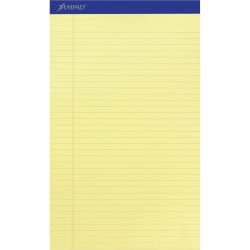 Ampad Writing Pad - 50 Sheets - Stapled - 0.34" Ruled - 15 lb Basis Weight - Legal - 8 1/2" x 14" - Canary Yellow Paper - Dark Blue Binding - Perforated, Sturdy Back, Chipboard Backing, Tear Resistant - 1 Dozen