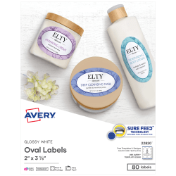 Avery® Printable Blank Labels, 22820, Oval, 2" x 3-1/3", Glossy White, Pack Of 80 Customizable Labels