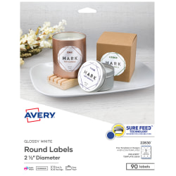 Avery® Easy Peel® TrueBlock® Print-To-The-Edge Inkjet/Laser Labels, Round, 22830, 2 1/2" Diameter, Glossy White, Pack Of 90