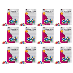 Charles Leonard Map Tacks, 1/4" x 3/8", Assorted Colors, 20 Tacks Per Box, Pack of 12 Boxes