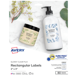 Avery® Easy Peel® TrueBlock® Print-To-The-Edge Inkjet/Laser Labels, Rectangular, 22822, 2" x 3", Glossy Clear, Pack Of 80