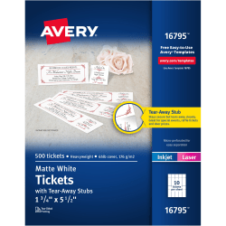 Avery® Tear-Away Stubs Matte Printable Tickets - White - 500/Pack