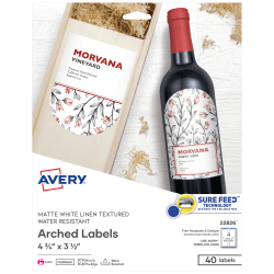 Avery® Water-Resistant Arched Labels With Sure Feed®, Print To The Edge, 22826, Arched, 4-3/4" x 3-1/2", Textured Matte White, Pack Of 40