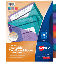 Avery® Big Tab™ Insertable Two-Tone 2 Pocket Plastic Dividers, 8-Tab, Multicolor