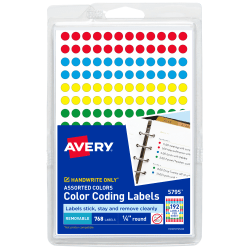 Avery® Color-Coding Removable Labels, 5795, Round, 1/4 Inch Diameter, Assorted Colors, Pack Of 768 Non-Printable Dot Stickers