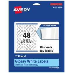 Avery® Glossy Permanent Labels With Sure Feed®, 94500-WGP10, Round, 1" Diameter, White, Pack Of 480