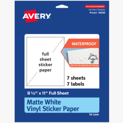 Avery® Printable Vinyl Sticker Paper, 94269-WMVL7, Rectangle, 8-1/2"x11", Matte White, Pack Of 7