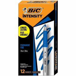 BIC® Mark-It Fine Point Permanent Markers, Fine Point, Silver Barrel, Blue Ink, Pack Of 12