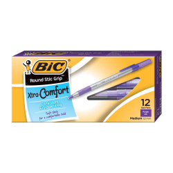 BIC® Round Stic Grip™ Xtra-Comfort Ballpoint Pens, Medium Point, 1.2 mm, Gray Barrel, Purple Ink, Pack Of 12