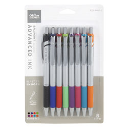 Office Depot® Brand Advanced Ink Retractable Ballpoint Pens, Needle Point, 0.7 mm, Assorted Barrels, Assorted Ink Colors, Pack Of 8