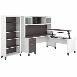 Bush® Furniture Somerset 72"W 3-Position Sit-to-Stand L-Shaped Desk With Hutch And Bookcase, Storm Gray/White, Standard Delivery