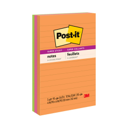 Post-it Super Sticky Notes, 4 in x 6 in, 3 Pads, 90 Sheets/Pad, 2x the Sticking Power, Energy Boost Collection, Lined