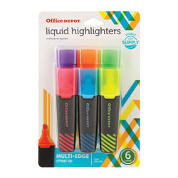 Office Depot® Brand Liquid Highlighters, Chisel Point, Black/Translucent Barrel, Assorted Ink Colors, Pack Of 6