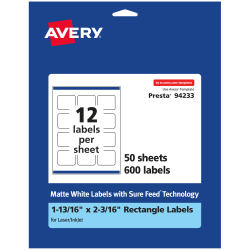 Avery® Permanent Labels With Sure Feed®, 94233-WMP50, Rectangle, 1-13/16" x 2-3/16", White, Pack Of 600