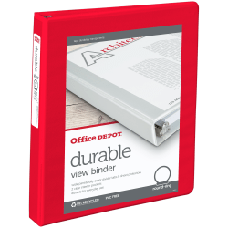 Office Depot® Brand 3-Ring Durable View Binder, 1" Round Rings, Red