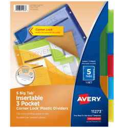 Avery® Dividers for 3 Ring Binders, 5-Tab Binder Dividers, Three-Pocket Plastic Binder Dividers with Corner Lock, Insertable Big Tab™, Multicolor, 1 Set (11273)