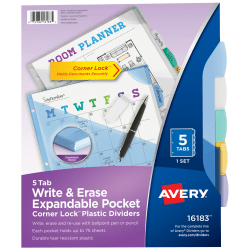 Avery® Corner Lock Write & Erase Plastic Dividers With Expandable Pockets, 9-1/4" x 11-1/4", Multicolor, Set Of 5 Tabs