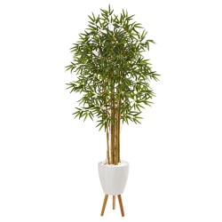 Nearly Natural Multi Bambusa Bamboo Tree 74"H Artificial Plant With Planter and Stand, 74"H x 33"W x 33"D, Green/White