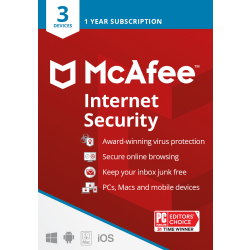 McAfee® Internet Security, For 3 Devices, Antivirus Software, 1-Year Subscription, Product Key