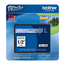 Brother® P-touch TZe Laminated Tape Cartridges, 1/2"W, White, Clear