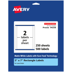 Avery® Permanent Labels With Sure Feed®, 94258-WMP250, Rectangle, 5" x 7", White, Pack Of 500