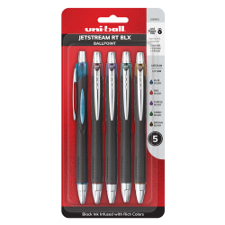 uni-ball® JetStream™ RT Retractable Ballpoint Pens, Bold Point, 1.0 mm, Black Barrels, Assorted Ink Colors, Pack Of 5