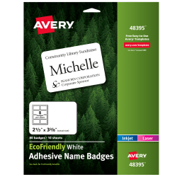 Avery® EcoFriendly 100% Recycled Name Badges, 2 1/3" x 3 3/8", White, Pack Of 80