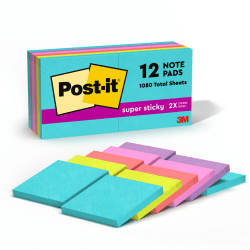 Post-it® Super Sticky Notes, 1080 Total Notes, Pack Of 12 Pads, 3" x 3", Supernova Neons Collection, 90 Notes Per Pad