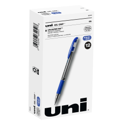 uni-ball® Gel Grip™ Pens, Medium Point, 0.7 mm, Clear Barrel, Blue Ink, Pack Of 12