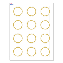 Avery® Print-To-The-Edge Labels With Sure Feed® Technology, S00-D1J-PRWMP10, Round, 2", Matte White, Preprinted Gold Beads Design, Pack Of 120