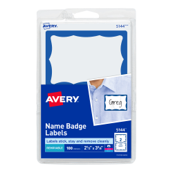 Avery® Name Tags, 05144, 2-1/3" x 3-3/8", White With Blue Border, 100 Removable Name Badges