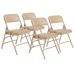 National Public Seating Vinyl Upholstered Triple Brace Folding Chairs, Beige, Pack Of 4