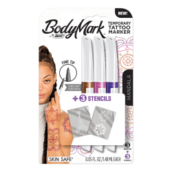 BIC BodyMark Temporary Tattoo Markers, Fine Point, Mandala Series with Brown, Purple, and Pink Ink Colors, Pack of 3 Markers + Stencils