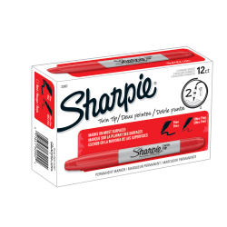 Sharpie® Twin-Tip Permanent Markers, Fine/Ultra Fine Points, Red, Pack Of 12