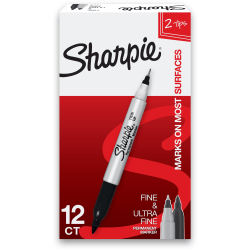 Sharpie® Twin-Tip Permanent Markers, Fine/Ultra Fine Points, Black, Pack Of 12
