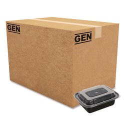 GEN Plastic Food Containers With Lids, 12 Oz, 2-1/4"H x 5-13/16"W x 4-9/16"D, Black/Clear, Pack Of 150 Containers