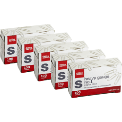 Office Depot® Brand Paper Clips, No. 1, Heavy Gauge, Silver, 100 Clips Per Box, Pack Of 5 Boxes