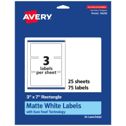 Avery® Permanent Labels With Sure Feed®, 94250-WMP25, Rectangle, 3" x 7", White, Pack Of 75