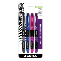 Zebra® Fountain Pens, Fine Point, 0.6 mm, Assorted Barrel Colors, Assorted Ink Colors, Pack Of 4