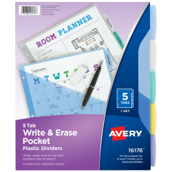 Avery Write & Erase Pocket Plastic Dividers For 3 Ring Binders, 9-1/4" x 11-1/4", 5-Tab Set, Multicolor, 1 Set