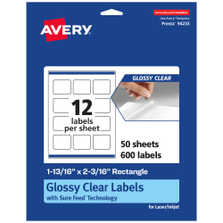 Avery® Glossy Permanent Labels With Sure Feed®, 94233-CGF50, Rectangle, 1-13/16" x 2-3/16", Clear, Pack Of 600