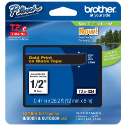 Brother® TZE334 Label Tape, 1/2", Black/Gold