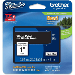 Brother® TZE-355 Label Tape, 1" x 26 1/4', White On Black