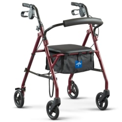 Medline Knockdown Adjustable Steel Rollator With Seat, 35" x 17", Burgundy