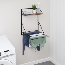 Honey Can Do Collapsible Wall-Mounted Clothes Drying Rack With Shelf, 31"H x 20"W x 24"D, Black/Walnut